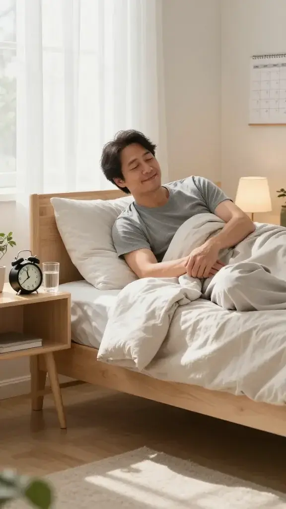 A high-resolution, realistic photo of a content, well-rested adult waking up in a softly lit bedroom, sunlight streaming through sheer curtains onto a neatly made bed with neutral-toned linens. The person sits up with a relaxed smile, feet on the floor, wearing comfortable sleepwear. A bedside table holds a small, unplugged alarm clock showing a gentle morning time, a glass of water, and a softly glowing lamp. In the background, a simple calendar or routine board on the wall hints at a consistent sleep schedule, with peaceful decor like potted plants and a tidy, serene atmosphere. The scene conveys calmness, balance, and a steady bedtime routine without any text or logos.