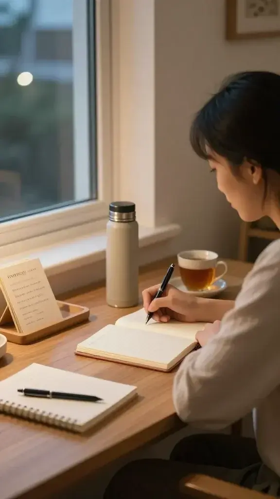A realistic, high-quality photo of a calm, cozy evening scene featuring a thoughtful adult seated at a tidy desk by a softly lit window. The person is writing in a notebook with a fountain pen, a small thermos, a cup of tea, and a minimalist journal nearby. The desk is organized with warm, natural tones (wood grain, beige, cream) and a few simple objects: a tray with a gratitude card, a pen, and a folded peaceful reminder card. Outside the window, a twilight sky with gentle city lights suggests reflection after a busy day. The subject appears relaxed and focused, embodying introspection and end-of-day clarity. No text on the image.