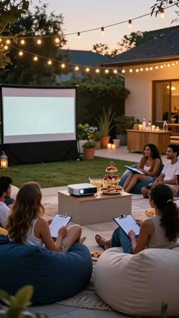 A warm, stylish backyard scene at dusk featuring a cozy movie night under string lights. In the foreground, a low, comfortable seating area with a mix of bean bags, blankets, and patio cushions arranged around a projector screen and a softly lit projector casting a gentle glow onto a white sheet. A small, elevated snack bar displays a popcorn bar with bowls, colorful fruit skewers on skewers, and mini sliders on a tiered tray. A group of friends casually lounging, chatting, and smiling, engaged in voting on movie choices using a simple, unobtrusive setup like clipboards. They are doing summer bucket list adults love