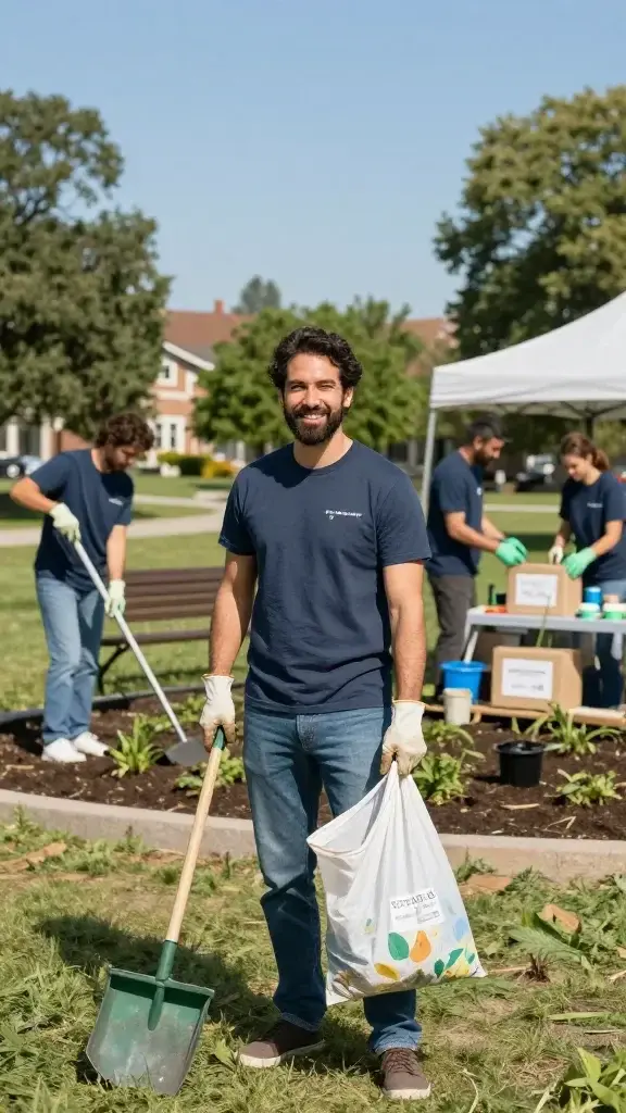 A realistic high-quality photo of a smiling adult volunteer actively participating in a community project, standing in a sunlit park with a clear blue sky. They are wearing casual work clothes and reusable gloves, holding a trash grabber and a recycling bag, with nearby volunteers in the background sweeping, planting a community garden bed, or sorting donated items at a charity yard sale setup. The scene includes park benches, trees, and a safe, welcoming neighborhood atmosphere. The main subject is the focal point, engaging with others and showing teamwork, camaraderie, and purpose without any text or logos on clothing or objects. Ensure natural lighting, depth of field with a softly blurred background, and realistic details like dirt on gloves and pamphlets about the event visible but unobtrusive.