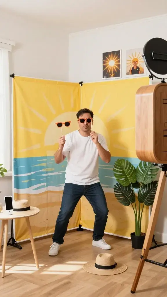 Create a realistic, high-quality photo of a cozy, portable sun-themed photo booth setup in a bright, sunlit home corner. The main subject should be a confident adult posing for goofy, candid photos in front of a vivid sunny backdrop. The scene includes: a bright yellow backdrop with a subtle sunburst pattern or a beachy mural, a small, portable mini-studio corner with soft, natural lighting, and a few fun props such as stylish sunglasses, wide-brim hat, and a faux tropical plant placed nearby. Include a phone stand on a small table and a timer visible on a modern smartphone to suggest hands-off shots. The composition should feel warm and inviting, with a cheerful, sunny vibe and clean, uncluttered space. End the frame with a gallery wall of favorite photos in the background, displaying a few sun-filled, joyful shots to imply a collection of memories.