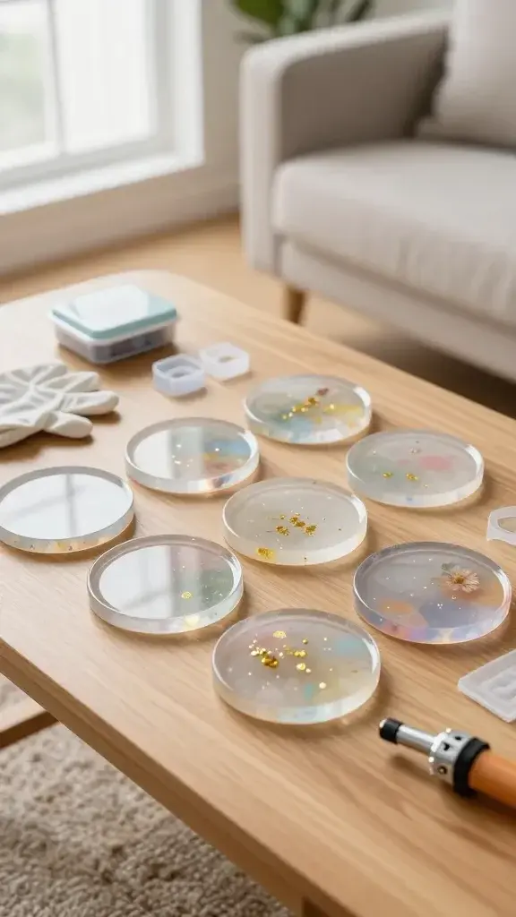 A high-resolution, realistic photo of a set of polished resin coasters arranged on a light wooden coffee table in a bright, cozy living room. The coasters are clear and glassy with subtle, colorful inclusions (tiny gold flakes, pastel pigments, and a couple with delicate embedded flowers) that catch the soft natural light from a nearby window. Show a small resin kit box, a few molds, and a protective glove resting nearby to imply beginner-friendly steps, along with a mini butane torch slightly outside the frame to suggest bubble removal. Include a neatly folded cloth and a faint background blur of a stylish sofa and plant, with a clean, modern aesthetic and a shallow depth of field focusing on the glossy surface and reflections of the coasters. No text on the image.