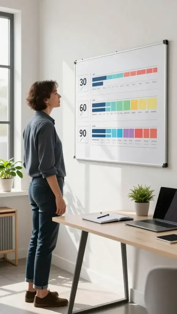 Create a realistic, high-quality photo of a determined, mid-30s person standing at the edge of a bright, airy workspace with a modern minimalist design. They are dressed in smart casual attire, looking confidently toward a large wall-mounted progress board that displays three clearly labeled 30-, 60-, and 90-day milestones with checkmarks and color-coded progress indicators. The scene includes a sleek desk with a notebook, a laptop, and a few well-placed plants to convey a calm, focused atmosphere. Soft natural light streams in from a window, casting gentle shadows and highlighting a palpable sense of forward momentum. The main subject from the article title is clearly the focal point, exuding determination and readiness to tackle a 90-day growth challenge. No text on the image.