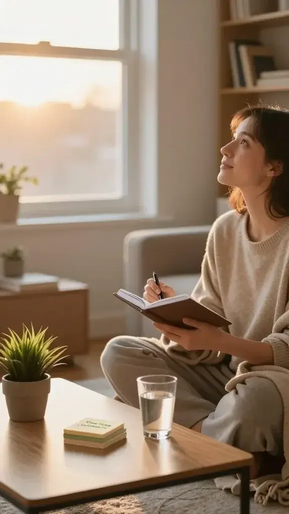 A realistic, high-quality photo of a serene, sunlit morning scene in a cozy, well-organized living room. In the foreground, a calm adult sits cross-legged on a soft rug with a warm throw blanket, holding a small hardcover journal and a delicate pen, eyes gently lifted with a peaceful, grateful expression. On a nearby coffee table, arrange three simple, aesthetically pleasing items: a small potted plant, a neatly stacked set of three index cards or sticky notes labeled subtly with “Three Things I’m Grateful For,” and a clear glass of water reflecting soft light. In the background, a window reveals a soft, golden sunrise and a clean, minimal bookshelf filled with a few personal, meaningful books. The overall mood is tranquil, reflective, and aspirational, emphasizing a daily gratitude moment as a tiny, powerful ritual. No text or branding visible in the scene.
