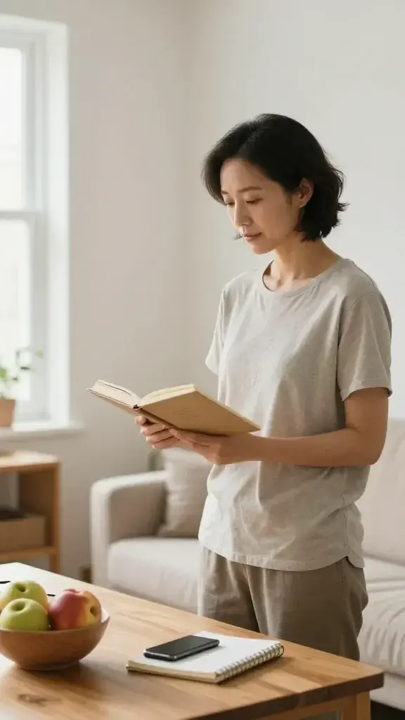 A realistic, high-quality photo of a calm, focused person standing in a bright, minimalistic living room, facing a small mirror or window with soft natural light. The person is mid-30s, casual but tidy attire, with a gentle, determined expression. In one hand they hold a simple journal open to a few short lines, and beside them on a low table sits a bowl of fresh fruit and a small open notebook with a pen. A subtle smartphone sits face down on the table, indicating a boundary from doomscrolling. The scene conveys a moment of choosing a healthier habit, with clean lines, warm wood tones, and a peaceful ambience that suggests lighter energy and forward momentum. No text on the image.