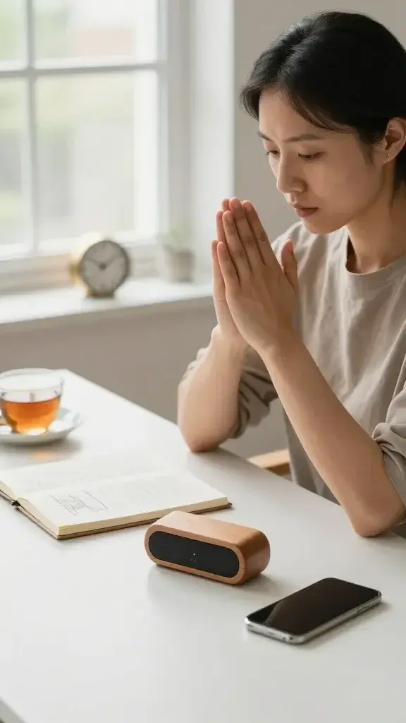 A high-quality, realistic photo of a thoughtfully composed scene featuring a calm, focused adult individual seated at a clean, uncluttered desk near a large window with soft natural light. The person is gently pausing before reacting, holding their hands in a relaxed pose, with a small wooden meditation timer showing a slow countdown visible to the camera, and a subtle 5-minute clock in the background. On the desk: a simple notebook with a few diagrams sketched in pencil, a cup of tea, and a smartphone facedown to imply a deliberate pause from notifications. The atmosphere conveys deliberate slowdown and mindful decision-making, with warm neutral tones, minimalistic decor, and a sense of quiet concentration focused on mindful pacing and deeper thinking. The main subject from the article title is clearly the person, embodying the theme of deliberate slowing to gain clarity.