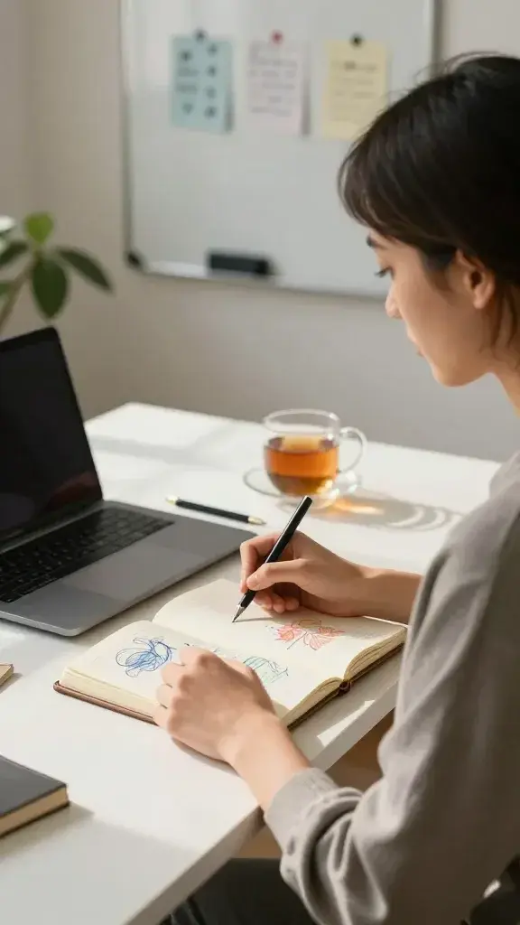 A realistic, high-quality photo of a calm, focused person seated at a clean desk in a softly lit, modern home office. The person is capturing the day’s three moments in a small, open notebook with three distinct, vivid sketches or notes on the pages, each representing a different moment. The desk features a minimalist setup: a closed laptop, a cup of tea, a pen, and a simple plant. In the background, a whiteboard or corkboard displays three labeled cards or sticky notes, subtly hinting at patterns and themes without clutter. Warm, natural light from a window creates cozy shadows, conveying clarity, reflection, and intentional planning for tomorrow. The main subject from the article title—capturing the day in three moments—is shown in a contemplative pose, with a calm expression and purposeful posture, embodying mindfulness and daily reflection. No text on the image.
