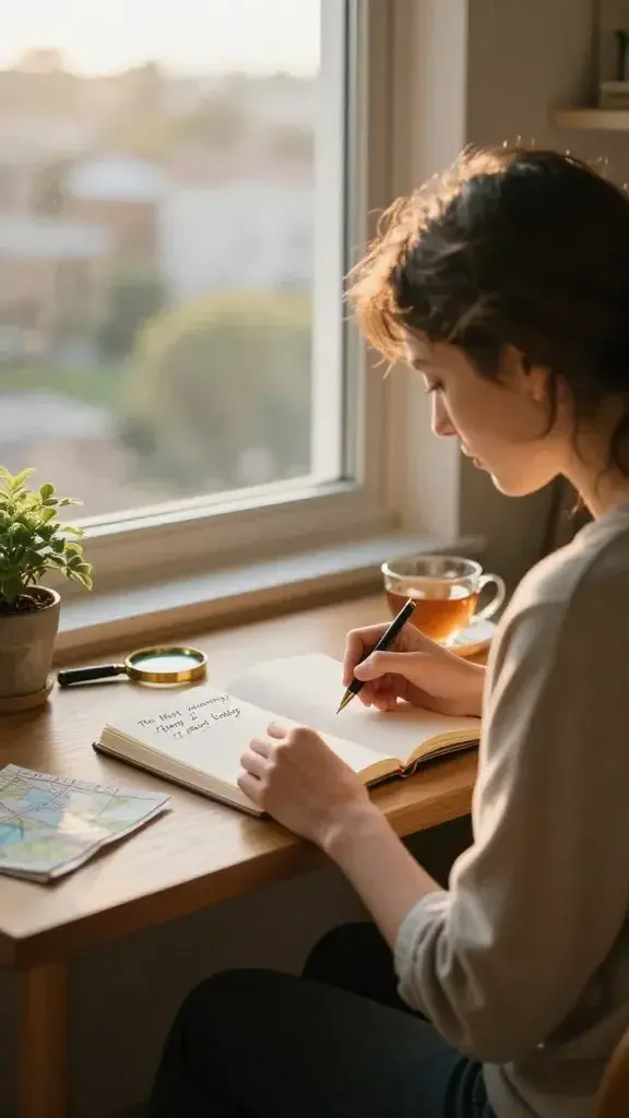 Create a realistic, high-quality photo of a person in a quiet, sunlit journaling nook, captured in warm golden-hour light. The main subject should be the person seated at a small wooden desk, mid-30s, focused and curious, with a notebook open to a page titled “The Most Interesting Thing I Noticed Today.” They are surrounded by subtle objects that hint at curiosity: a small potted plant, a vintage magnifying glass, a folded map, and a cup of tea. In the background, a window reveals a softly blurred cityscape or nature scene, suggesting the day’s standout observation. The scene conveys a calm, reflective mood, emphasizing the act of noticing something unusual and the potential to spark a small future project or learning. No text on the image.