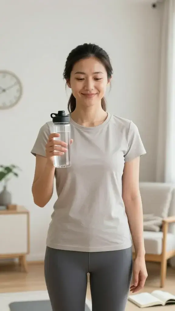 A realistic, high-quality photo of a calm, focused person engaging in a wellbeing action they prioritized today—either movement, hydration, or a moment of rest. The main subject stands or sits in a bright, serene indoor space with soft natural light, a neat, inviting environment (neutral tones, clean lines), a water bottle or glass of water nearby for hydration, a lightweight fitness mat or yoga pose for movement, or a cozy chair with a plush blanket for rest. The person smiles softly, eyes relaxed, conveying a sense of contentment and intention. The background subtly hints at daily routine elements (a small plant, a clock showing a calm time, a journal open to a reflection page) to illustrate the idea that wellbeing is essential fuel for the next win. The composition is natural and candid, with shallow depth of field to keep focus on the person and the wellbeing action, and no text or logos visible in the image.