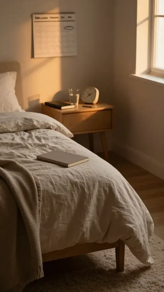 A realistic, high-quality photo of a peaceful, uncluttered bedroom at dusk, softly lit by warm ambient lighting. In the foreground, a neatly made bed with textured linen sheets and a single, small, inspirational object (like a stylish notebook or a minimal clock) placed on a bedside table. On the bedside table, a clean glass of water and a slim pen resting beside a closed journal. In the background, a calendar or to-do list subtly visible on the wall, with a single action circled or highlighted to represent “the one action tomorrow.” The composition centers on a calm, focused mood—quiet enough to convey reflection and intention but with a sense of momentum. Natural textures: wood nightstand, plush rug, soft throw blanket draped at the foot of the bed. Warm, golden-hour lighting from a window on one side, casting gentle shadows and a serene, hopeful atmosphere as if ready to move forward tomorrow. No text or logos in the image.
