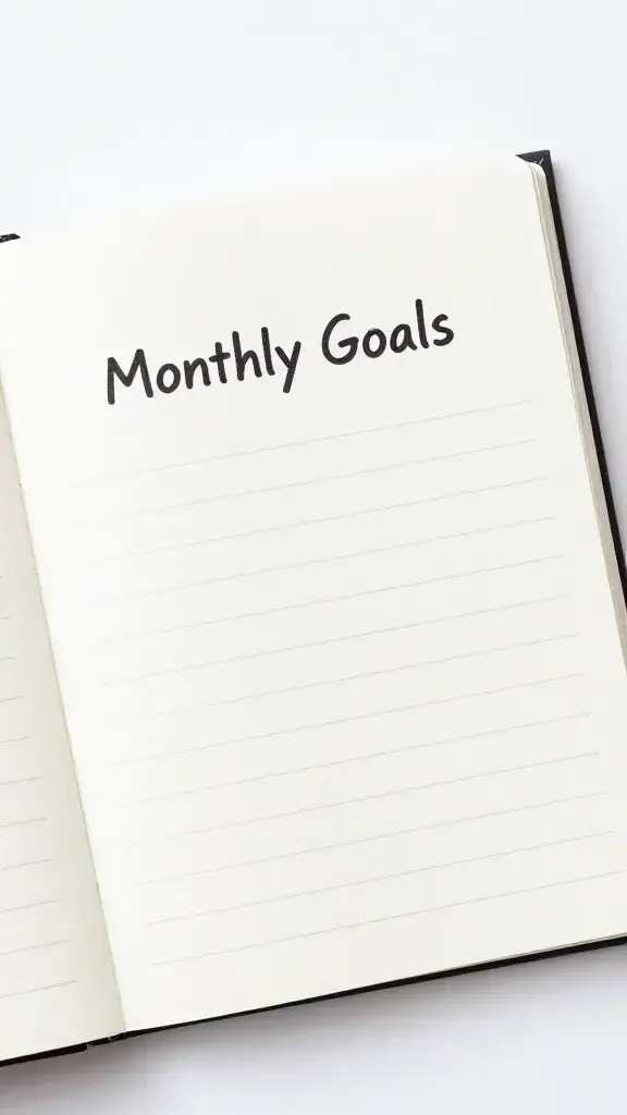 closeup of a single notebook labeled "Monthly Goals" on a clean desk to start your monthly goal setting schedule