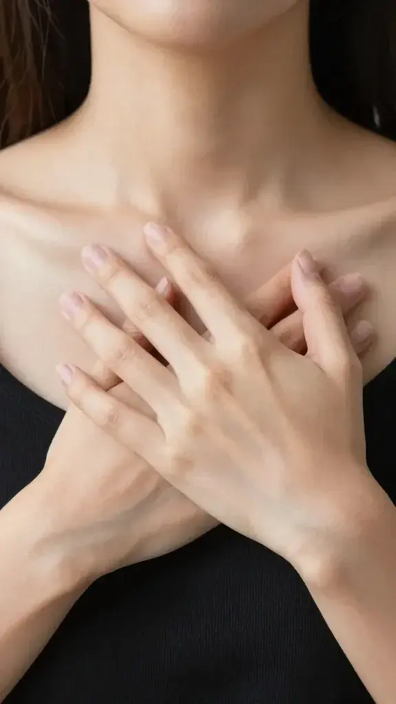 closeup portrait of a woman placing a hand over her heart describes self love definition to her