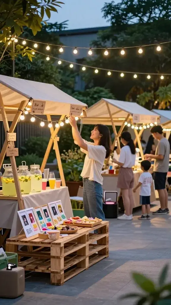 A backyard at dusk transformed into a cozy night market scene: twinkling string lights overhead small wooden stalls, each stall offering different treats like lemonade, and a DIY craft corner for summer bucket list diy ideas.