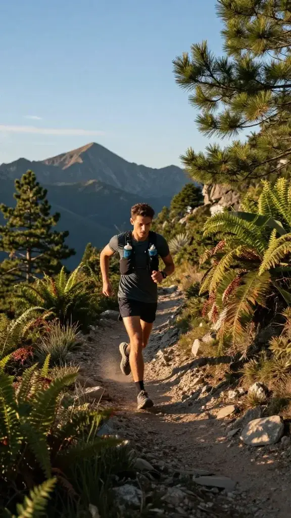 A high-resolution, realistic photo of a fit person trail running on a rugged mountain trail at dawn, wearing lightweight trail shoes, breathable shorts, and a hydration bottle strapped to their hip; the path winds through pine and fern-lined switchbacks with distant peaks under a clear blue sky. The runner is mid-stride, showing dynamic motion, with a sense of determination and energy. Soft sunlight filters through trees, casting long shadows and highlighting dust and small rocks kicked up by their steps. The background conveys a remote, adventurous outdoor setting, emphasizing endurance, mood-boosting nature, and the thrill of a cardio outdoor workout. No text on the image.