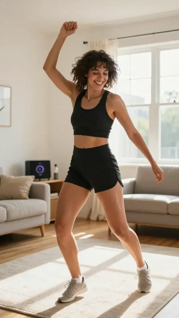 A high-resolution, candid-style photo of a joyful person dancing in a bright, sunlit living room. The main subject is a single adult in their late 20s to 30s, mid-motion with a dynamic pose—one arm raised, legs mid-step, capturing the freedom and energy of dancing. The room has clean, modern decor with warm natural light pouring through a large window, a tasteful rug, and casual furniture. The person's expression conveys happiness and release, embodying confidence and ease as if they’re fully lost in the moment. The scene should feel spontaneous and energetic, with subtle indications of a short, 20-minute daily dance session: a playlist visible on a nearby speaker or phone screen, a water bottle nearby, and a clock showing a brief time cue. Realistic textures: hair slightly tousled, comfortable athletic wear, slight sweat gleam on the skin, natural skin tones, and well-balanced shadows to emphasize movement. The overall mood is uplifting, with a sense of endorphin-fueled energy and a posture suggesting improved mood and confidence after dancing. No text included in the image.