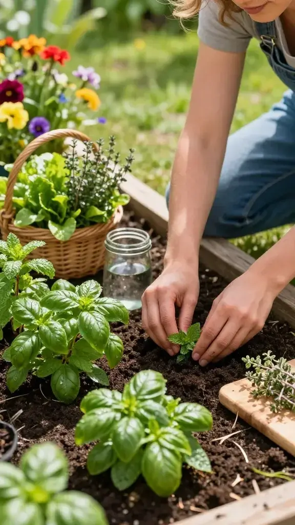 A realistic, high-quality photo of a sunny garden scene featuring a person kneeling in soft soil, hands gently planting or harvesting fresh herbs in a tidy raised bed. The foreground shows vivid basil, mint, and thyme herbs with dew on the leaves, and a small basket of freshly picked leafy greens beside a glass jar of water. In the background, colorful flowers bloom along the edge of the garden, with sunlit leaves casting gentle shadows. The person has dirt-kissed hands and a content expression, embodying mood-boosting gardening as gentle therapy. Include subtle kitchen elements like a cutting board and a few herb sprigs ready to be used, but no text or logos on the image.