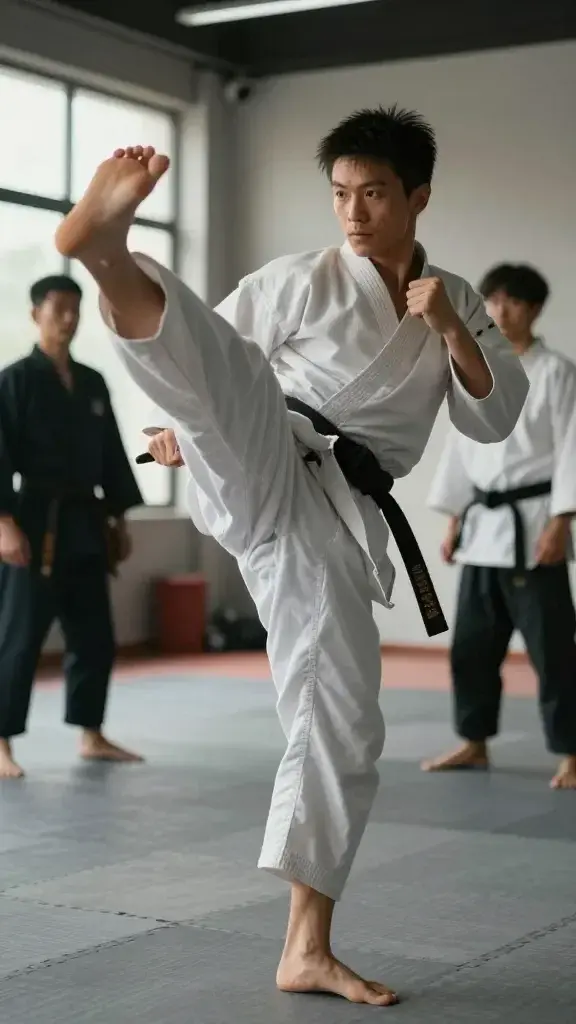 Create a high-resolution, photorealistic image of a focused martial artist in a dynamic, everyday training setting. The main subject is a confident practitioner mid-movement, exuding discipline and swagger as they perform a precise kick or form with impeccable technique. The scene conveys improved coordination and breath control, with subtle signs of calm nerves and inner focus. Include elements that suggest a respectful community and friendly competition—other practitioners observing in the background with supportive posture, a clean dojo or modern gym environment, and soft, natural lighting that highlights muscle definition and motion. The color palette should be authentic and slightly subdued, emphasizing realism, texture in clothing and skin, and a sense of daily motivation and mastery. No text or logos in the scene.