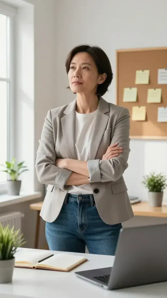 A realistic, high-quality photo of a confident, thoughtful adult standing in a bright, modern home office. The person is mid-30s, wearing smart-casual attire (soft blazer and jeans), looking slightly upward with a calm, determined expression. They are surrounded by a clean, organized workspace: a desk with a closed notebook, a laptop with a subtle glow from the screen, a small potted plant, and a corkboard on the wall behind them with a few simple, positive mindset notes. Soft natural light streams in from a window to the left, casting gentle shadows that suggest motion and growth. The overall scene conveys transformation and practical, real-life application of a growth mindset, with a focus on clarity, intention, and small, cumulative wins. No text included in the image.