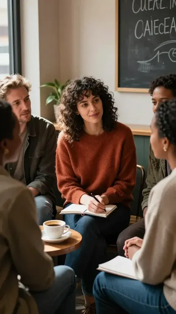 A realistic, high-quality photograph of a diverse group of four adults seated in a warm, sunlit cafe corner, engaged in a heartfelt, candid conversation. The central subject is a confident, open-hearted woman with shoulder-length curly hair, wearing a soft, rust-colored sweater and dark jeans, actively listening with a gentle smile while speaking. The others—two men and one woman of different backgrounds—are leaning in, nodding, and making eye contact, showing genuine connection and vulnerability. Subtle details convey depth: a notebook with a pen, a shared cup of coffee between participants, soft natural light casting gentle shadows, and a chalkboard-style plant in the background. The scene exudes trust, authentic presence, and courageous dialogue in everyday life, emphasizing growth through brave conversations without any text or branding visible in the frame.