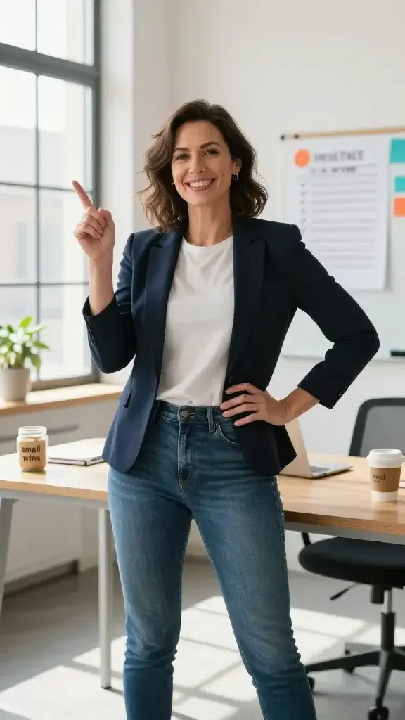 Create a high-resolution, photorealistic image of a confident woman standing in a bright, modern coworking space. She is mid-30s, with a warm smile, wearing smart-casual attire (blazer over a comfortable tee, fitted jeans), exuding bold self-assurance. She stands with one hand on her hip and the other pointing slightly upward as if making a point during a pep talk. The scene includes natural light streaming through large windows, a clean wooden desk with a notebook, a cup of coffee, and a small potted plant in the background. The overall mood conveys humor meets backbone, with a subtle aura of momentum: a jar labeled “small wins” nearby, a checklist on a whiteboard with checked tasks, and a few color accents (orange or teal) to suggest energy and motivation. No text on the image.
