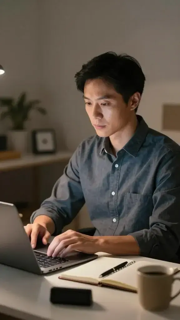 A realistic, high-quality photo of a focused professional at a clean, clutter-free workspace: the main subject, a mid-30s person with a calm, determined expression, seated at a sleek desk with a modern laptop, a closed notebook, and a single pen. The scene shows a dimmed background with a soft-focus office environment, and a prominent, subtle aura or glow around the subject to symbolize deep concentration. The lighting is warm yet neutral, with a gentle highlight on the hands and the workspace to emphasize deliberate focus. The desk has a digital timer or small clock subtly visible to imply time-blocking, a closed coffee mug, and a neat, organized layout. The subject wears smart-casual attire, portraying intentional productivity, and their posture is upright with both hands ready over the keyboard, conveying immersion in deep work. No text or branding visible in the image.
