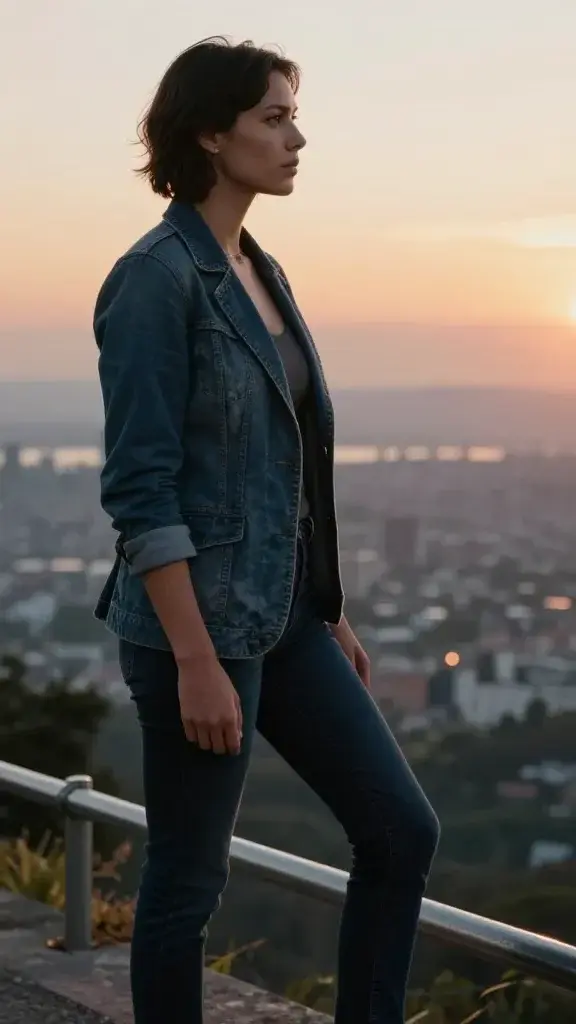 A high-resolution, cinematic photograph of a confident, determined individual standing at the edge of a scenic overlook at sunrise, gazing toward the horizon with a strong, purposeful posture. The person is mid-20s to mid-30s, wearing a casual but polished outfit (a fitted blazer over a simple top and dark jeans), with a subtle, warm glow from the rising sun highlighting their silhouette. In the background, expansive cityscape or rolling hills fade into a soft bokeh, symbolizing future goals. The overall mood conveys clarity, motivation, and momentum, with natural, tactile textures: denim, leather, and the warm light reflecting off metal railing. The composition centers the subject slightly left of center, capturing a sense of forward motion and purpose, with a shallow depth of field that keeps the focus on the subject’s determined expression and posture. No text in the image.