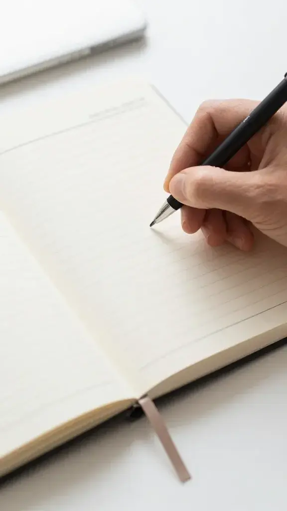 Closeup of a hand writing in a goal setting journal on a clean desk