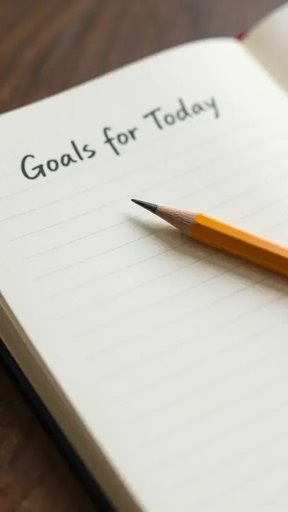 Focused shot of a pencil resting on a titled page “Goals for Today” in a journal
