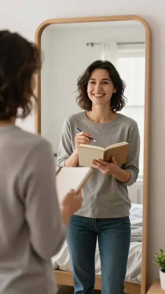 A realistic high-quality photo of a person standing in a softly lit bedroom or cozy mirror-lit space, smiling at their reflection in a full-length mirror. The individual appears calm and confident, gently lifting a small notebook in one hand and a pen in the other, as if about to write or has just written a compliment from one of these self love exercises