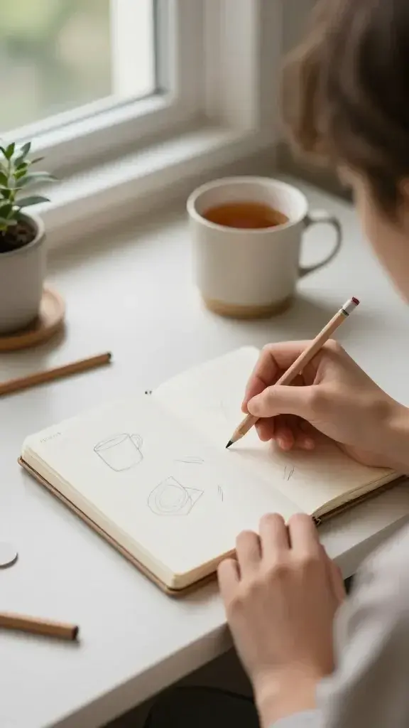 A realistic, high-quality photo of a calm, cozy indoor workspace featuring a person sketching in a small, portable sketchbook. The main subject should embody the article title's spirit of relaxation and daily creativity: a person drawing with a pencil in a compact notebook, seated near a sunlit window with soft natural light. The scene includes a tiny, pocket-sized sketchbook in the person’s hand, a simple pencil, and a few everyday objects around—a mug of tea, a potted plant, a neat desk with minimal clutter. Emphasize the idea of small, consistent practice: short, focused lines forming light shapes and simple objects, capturing a tranquil atmosphere with a slightly blurred background to keep the attention on the sketching activity. The color palette should be warm and inviting—soft beiges, light browns, and gentle greens—conveying patience, calm, and the gradual improvement that comes with daily sketching. Ensure the composition highlights the process over perfection, with visible, gentle pencil strokes and a sense of mindful, approachable creativity. No text or logos in the image.