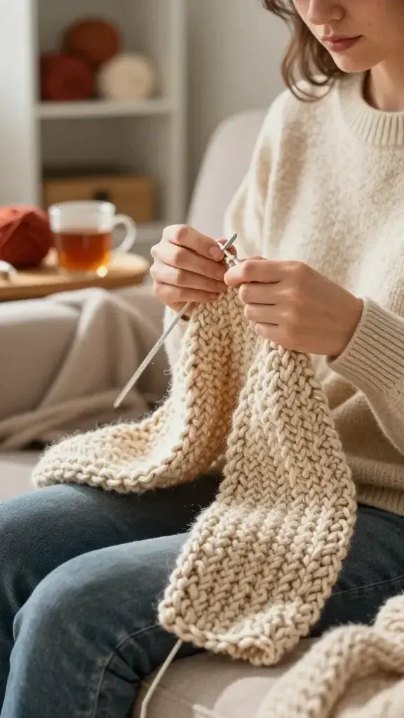 A realistic, high-quality photo of a cozy indoor scene featuring a person knitting or crocheting a quick accessory. The main subject should be a person seated comfortably in a sunlit living room, focused on crafting a chunky-knit scarf on large, easy-to-use needles (or a crochet hook). Use chunky yarn in warm, inviting colors (cream, camel, rust) to convey fast progress and a cozy atmosphere. The background includes a neatly organized craft nook with a small mug of tea, a soft blanket draped over an armchair, and shelves with a few skeins of yarn. The foreground shows clearly visible knitting or crochet stitches on the scarf, highlighting simple stitches for a quick project. The overall mood is calm, satisfying, and homey, capturing the sense of pride and joy from creating a handmade accessory. No text or branding in the image.
