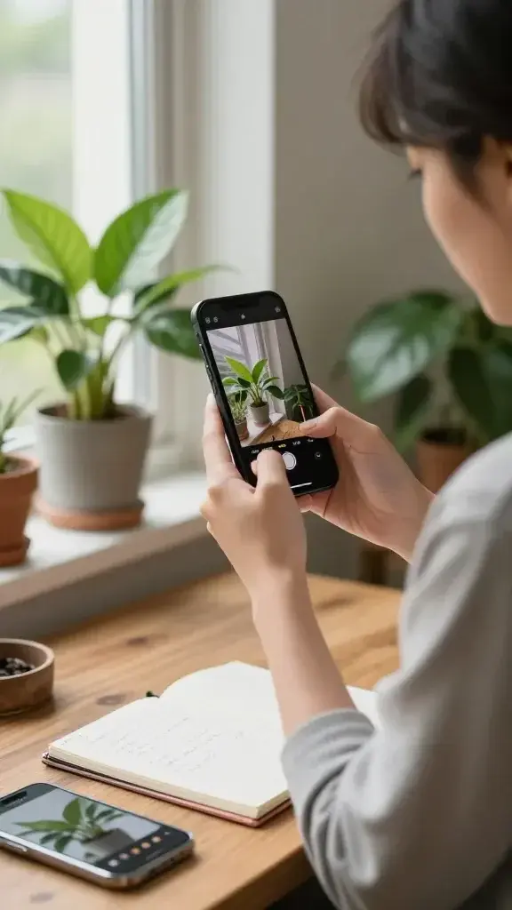A realistic, high-quality indoor scene of a person learning basic photography with their phone, capturing a beloved subject (a warmly lit plant arrangement on a windowsill) using good composition. The person stands slightly to the side, holding a modern smartphone at chest height, focused through the screen. Natural light streams through a window, highlighting textures and colors of the subject—lush green leaves, a wooden table, and a soft blurred background to emphasize depth. Include subtle hints of the learning process: a small notebook with quick editing tips, a second phone screen showing a before-and-after edit, and a calm, encouraging ambiance. The overall scene should convey beginner-friendly photography moments, with clean lines, true-to-life colors, and no text on the image.