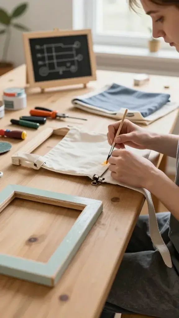 A realistic high-resolution photo of a cozy indoor DIY micro-workshop scene: a well-lit wooden worktable cluttered with small repair tools (screwdrivers, pliers, sandpaper), a legible but unobtrusive squeaky hinge being oiled with a tiny bottle, a partially opened old wooden frame being repainted with a soft pastel color, and a fabric reupholstery project on a small tote bag with a neatly folded fabric swatch. The main subject is a focused person in casual home attire (mid-shot), carefully inspecting and working on the tote’s strap while a paintbrush rests nearby and a small chalkboard-style note with a simple repair plan sits in the background. The setting is warmly lit, with natural window light, clean workspace, and a sense of practical, satisfying craftsmanship. No text on the image.