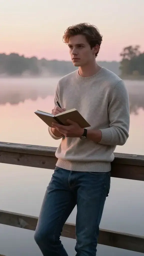 A high-resolution, realistic photograph of a focused young adult standing at the edge of a calm waterfront at dawn, gripping a small notebook and a pen with a determined expression. They are dressed in smart-casual attire—soft knit sweater and tailored jeans—standing beside a wooden railing with a weekly planner visible in the notebook. The background shows a serene lake reflecting soft pink and gold hues of sunrise, with light mist rising off the water and a faint silhouette of distant trees. A subtle, uplifting glow surrounds the person to convey confidence built through consistent practice, with a shallow depth of field keeping the figure crisp while the background remains softly blurred. No text or branding on the image.