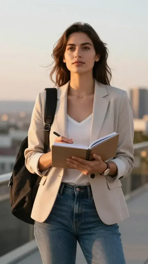 A high-resolution, realistic photo of a confident young adult standing in a serene outdoor setting during golden hour, with a subtle, soft-focus cityscape in the background. The subject is calmly looking toward the horizon, head held high, with a gentle, determined expression. They are dressed in casual, professional attire (a light blazer over a comfortable top and tailored jeans), with a minimalist watch and a small, functional backpack. In their hands, they hold a neatly organized notebook and a pen, implying planning for change. The person exudes calm resilience and readiness to adapt, with a slight breeze tousling their hair and the ambient light highlighting their composure. The scene conveys growth, adaptability, and confidence in handling upcoming changes.