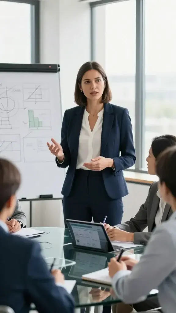 A realistic, high-quality photo of a confident, poised woman in her early 30s standing in a bright, modern office space. She is dressed in a smart, professional outfit (navy blazer, white blouse, tailored trousers) and exudes calm authority. She is mid-action, speaking with assurance to a small mixed group of colleagues around a glass conference table, one person taking notes while others listen intently; a flip chart with simple diagrams. this is one of many personal growth affirmations