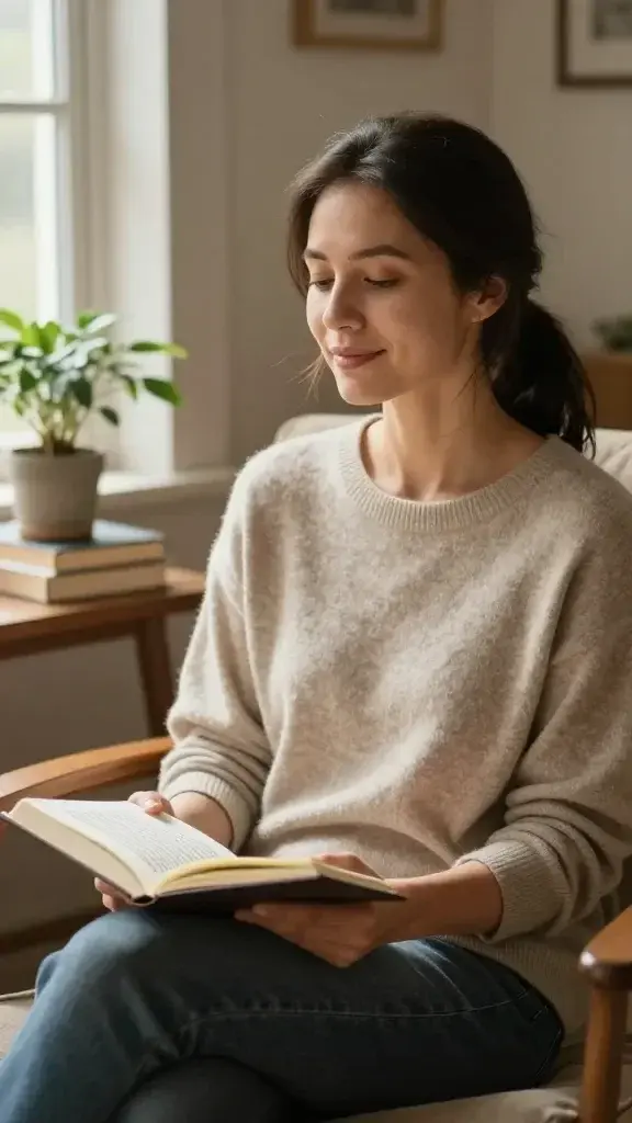 A calm, well-lit portrait of a thoughtful adult woman seated in a cozy, sunlit reading nook. She is in her early 30s, with a gentle, relaxed expression that conveys inner peace and self-compassion. She wears a soft, neutral-toned sweater and sits on a plush chair beside a small wooden side table with a potted plant and a stack of books. The background features warm, earthy tones with soft natural light filtering through a window, creating a serene atmosphere. In her hands she is reading one of the 15 books about self love.