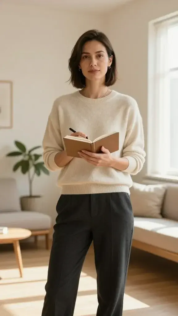 A realistic, high-quality photo of a confident woman standing in a sunlit, minimalist living room. She is in her early 30s, with natural makeup, short to shoulder-length hair, and a calm, assertive expression. She wears a chic, comfortable outfit—soft cream sweater, tailored dark trousers, and simple jewelry. She holds a small, elegant notebook in one hand and a pen in the other, as if she’s about to set clear boundaries. The room features warm wood tones, a neutral color palette, a cozy reading nook with a single plant, and soft natural light streaming through a window, conveying a sense of calm, boundaries, and self-care. No text or logos in the scene.