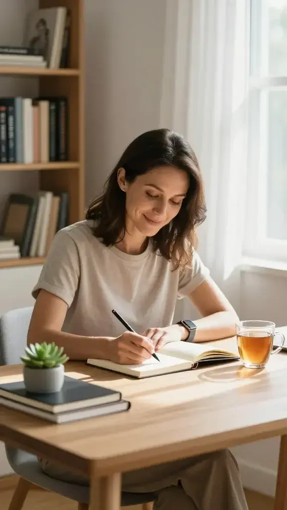 A high-quality, realistic photograph of a calm, confident adult woman seated at a minimalist wooden desk in a sunlit, cozy home office. She smiles softly while writing in a well-worn journal, a cup of tea beside her and a small succulent plant adding greenery. Soft natural light streams through a window with sheer white curtains, casting gentle shadows. On the desk are a neatly arranged stack of notebooks, a smartwatch, and a subtle, unobtrusive bookshelf in the background filled with self-help and psychology titles. The scene conveys warmth, self-compassion, and practical action—illustrating a person who embodies thoughtful empathy toward herself with a calm, grounded posture and a sense of purposeful progress. No text in the image.
