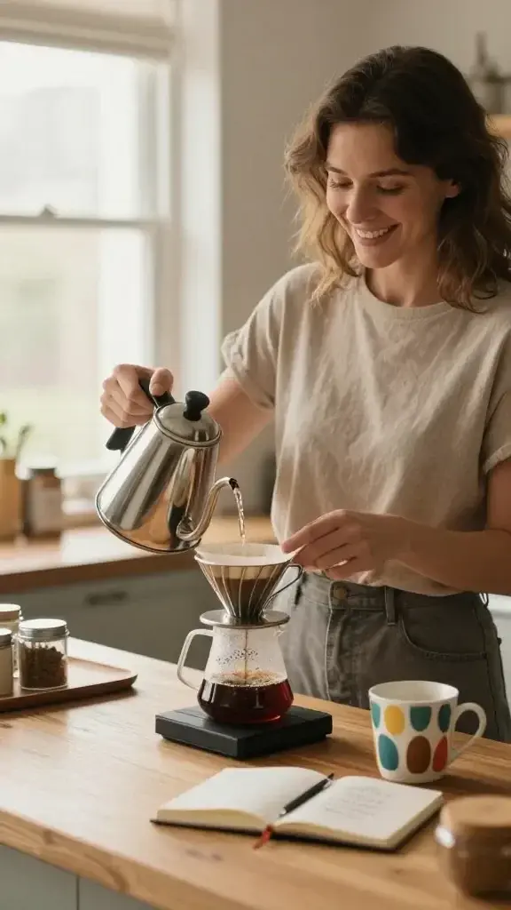 A realistic, high-quality photo of a warm, sunlit kitchen scene featuring a joyful woman in her 30s standing at a wooden counter. She is mid-action, pouring hot water from a polished stainless steel kettle into a correctly ground coffee or tea setup. On the counter, include a French press and a pour-over coffee dripper with a metal or ceramic filter, a small notebook with a few handwritten notes, and a colorful, stylish mug nearby she is doing one of the many fun hobbies for women