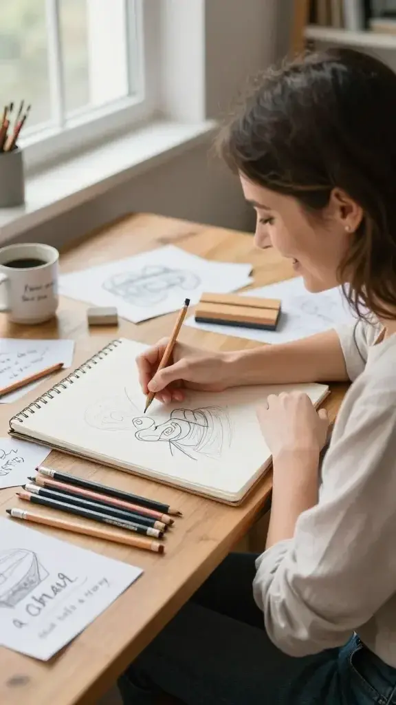 A realistic high-quality photo of a cheerful, creative woman sketching at a wooden desk in a bright, cozy studio. She sits with a relaxed posture, a 2B–6B pencil in hand, mid-doodle on a blank sketchpad, with soft natural light pouring in from a window. Beside the pad are a small starter kit of pencils, including a few 2B and 6B pencils, an eraser, and a simple wooden pencil case. The desk has scattered doodles, a coffee mug, and a few sketch prompts visible nearby: “draw your day in a single frame” and “a chair that tells a story.” The scene conveys a playful, non-judgmental atmosphere focused on process, not perfection, with subtle details like slight smudges, loose scribbles, and gentle textures on paper to emphasize creativity and joy. No text on the image.