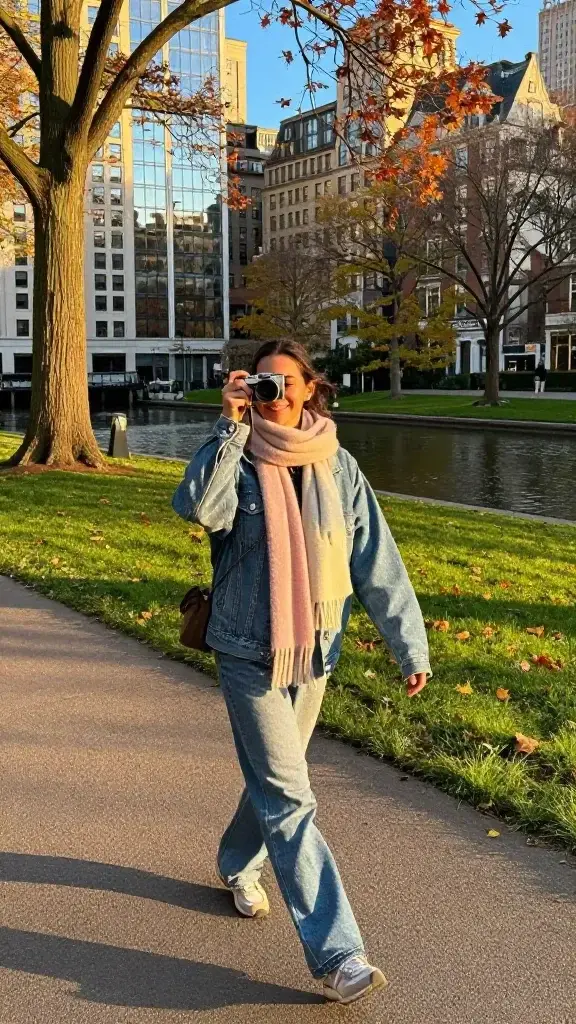 A realistic, high-quality photograph of a cheerful woman in her 30s walking along a sunlit city park path during golden hour, holding a compact camera to her eye as if framing a shot. She wears a light denim jacket, a soft pastel scarf, and comfortable sneakers; a small crossbody bag rests at her hip. The scene captures vibrant colors: lush green grass, trees with warm autumn leaves, and reflections on a nearby glass building. She smiles as she looks through the camera, with subtle candid movement suggesting a moment just captured. In the background, include a charming mix of architectural details, a few pedestrians at a distance, and a calm pond or stream with gentle ripples. The composition emphasizes texture and color—the contrast of shadows and light on the path, the textures of bark, leaves, and stone, and the sense of discovery and joy from a photo walk. No text on the image.