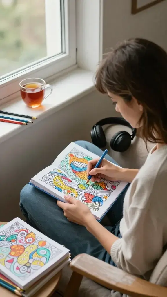 A realistic, high-quality photo of a serene woman seated in a cozy, softly lit nook by a window, coloring in an intricate adult coloring book with abstract patterns. She appears relaxed and focused, wearing comfortable casual clothing. Nearby are a small stack of additional coloring books, a cup of tea, and headphones resting on the arm of the chair, suggesting calm music plays in the background. Warm natural light spills across the page, highlighting the vibrant colors she’s choosing with colored pencils and markers. The scene exudes calm, creative satisfaction, with a neatly arranged, aesthetically pleasing workspace and a subtle sense of a quick, satisfying creative reset.