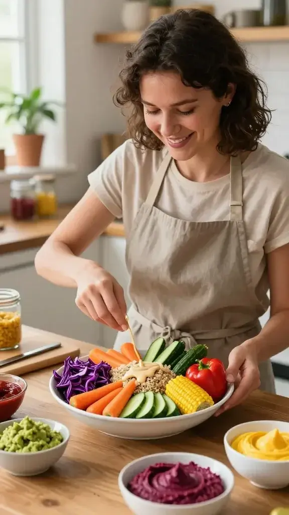 Create a realistic, high-quality dinner-table scene featuring a joyful woman in her 30s (the main subject) in a bright, modern kitchen. She is mid-creation of a colorful culinary experiment: a vibrant veggie bowl centered with a rainbow of fresh vegetables (purple cabbage, orange carrots, emerald cucumbers, sunshine-yellow corn, red bell peppers) arranged artfully over a bed of quinoa, topped with a light, tangy dressing drizzle. The scene should convey light, playful energy—small, creative experiments in progress—with additional small bowls nearby containing varied color sauces and textures (creamy avocado mash, beet hummus, citrus vinaigrette). The lighting is warm and natural, highlighting the glossy textures of fresh vegetables and the glossy finish of the dressing. The woman smiles softly, wearing a casual apron, showcasing a relaxed, joyful mood. In the background, subtle kitchen elements (slicing board, glass jars of colorful ingredients, a plant on the windowsill) emphasize a cozy, approachable cooking environment. No text overlays.