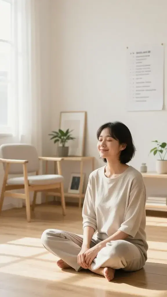 A realistic, high-quality photo of a serene, well-lit living space focused on joyful minimalism. In the foreground, a calm, confident person sits cross-legged on a light wood floor, eyes closed with a gentle smile, embodying clarity and contentment. They are dressed in simple, neutral-colored clothing. Surrounding them is a sparsely furnished room with a single, clean-lined chair, a small low table, and a neatly organized shelf with a few thoughtfully chosen objects (a plant, a framed minimal artwork, and a single book). Soft natural light streams through a large window with sheer white curtains, casting a warm glow and gentle shadows. The atmosphere is uncluttered, airy, and peaceful, conveying liberation through decluttering and high-value inputs. Subtle hints of a checklist or notes pinned on a nearby wall indicate a plan to declutter one area this week and limit inputs to high-value sources, without including any text in the image itself. The overall composition emphasizes lightness, focus, and an empowered, capable vibe.