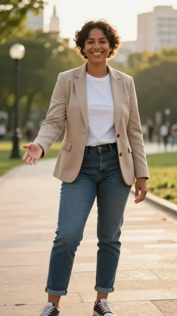 A high-resolution, realistic portrait of a confident, radiant individual standing in a sunlit, airy urban park at golden hour. The person exudes unstoppable energy and genuine kindness, with a warm smile and open, approachable posture. They wear casual yet polished attire—a soft, well-fitted blazer over a simple, clean tee, with comfortable jeans and stylish sneakers. Their body language is forward and engaged, one hand slightly extended as if inviting connection, the other resting casually by their side. The background shows soft-focus greenery, a calm pathway, and distant cityscape hints, emphasizing a balance between inner strength and outward warmth. The overall mood is aspirational but grounded, conveying a tangible, best-self version ready to guide daily choices. No text included.