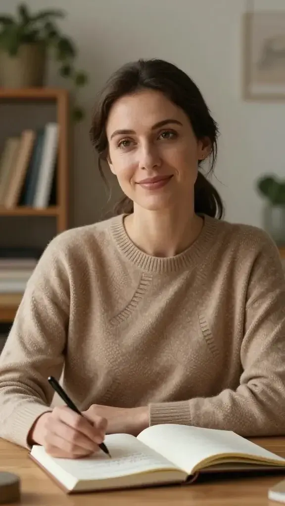 A realistic, high-quality portrait of a thoughtful woman in her early 30s seated in a cozy, softly lit room that conveys calm and mentorship. She exudes warmth and confidence, with a gentle, reassuring smile and focused eyes that convey wisdom and support. She wears a comfortable, stylish sweater in earth tones and sits at a wooden desk with a journal open in front of her, a faint glow from a nearby lamp highlighting the page as if she has just written a kind, motivating sentence. Behind her, a blurred bookshelf and a potted plant add a serene, nurturing atmosphere. The composition centers on her direct, compassionate gaze, suggesting she is listening and ready to guide, with natural textures and realistic details that invite the viewer to feel understood and supported.
