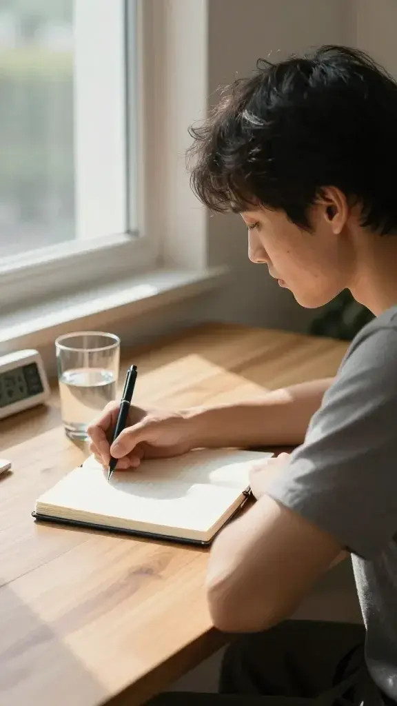 A realistic, high-quality photograph of a calm, reflective person seated at a tidy wooden desk by a sunlit window, journaling with a minimalistic notebook and a pen, a small glass of water beside the notebook, and a subtle digital timer or calendar page showing a 21-day streak. The scene conveys a quiet morning routine focused on micro-habits; soft natural light casts gentle shadows, the person’s expression is serene and determined, and their posture is open yet focused, symbolizing identity shifts through small daily actions. No text or UI elements visible in the image. The main subject from the article title is clearly portrayed as the focal point of the scene.