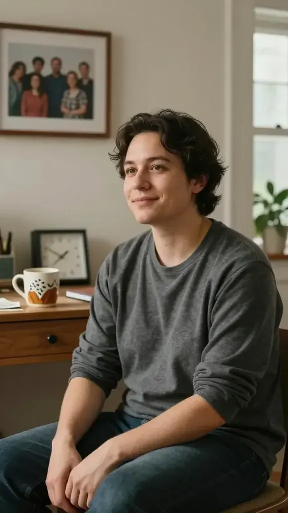 Create a realistic, high-quality portrait of a thoughtful, self-assured adult (20s-40s) seated in a softly lit, cozy living room. The person gazes slightly to the side with a calm, confident smile, reflecting inner worth. Surround them with subtle, candid cues of close friendship: a framed photo of a small group of friends on the wall, a handmade mug with a warm beverage, and a neatly arranged desk with a small notebook and a recent memory-triggering object (like ticket stubs or a keepsake). The scene conveys external validation through a kind, honest lens—three visible cues suggesting the traits a best friend would describe (kind, reliable, loyal) via natural, non-textual hints: a gentle posture and relaxed shoulders for kindness, a tidy, organized space and punctual clock for reliability, and an open, approachable expression for loyalty. Warm, natural lighting with soft shadows enhances a sense of trust and genuine self-appraisal, and the overall mood inspires strengthened self-esteem through real-world evidence. No text.