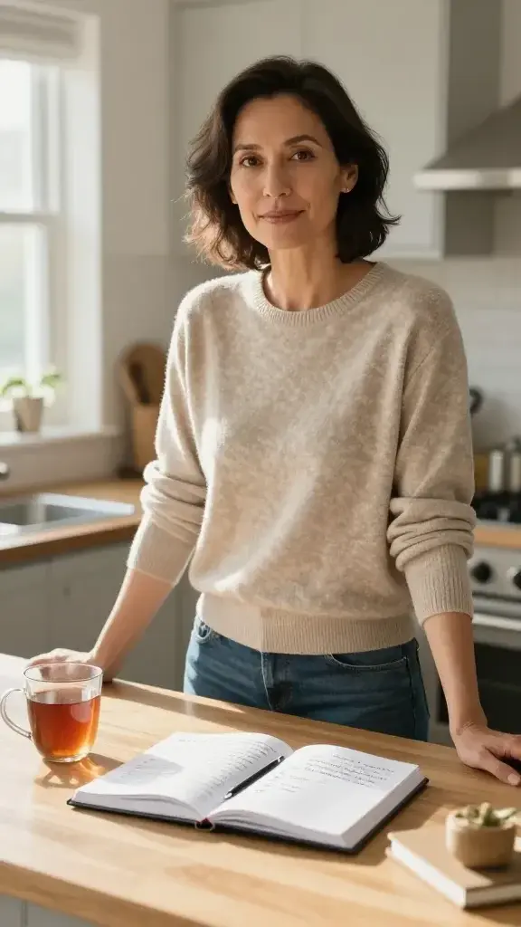 Create a high-resolution, realistic photo of a poised, confident person standing at a clean, sunlit kitchen counter on a calm morning. They are mid-30s, with a warm, approachable expression, casually stylish but simple attire (soft sweater and jeans). The scene should convey morning routine clarity: a neatly prepared journal open to a page titled “The Confidence Script I Read Every Day,” with a visible, handwritten one-liner reframing doubt on the page and two small, neatly checked actions listed beside it. Include a subtle, uncluttered background with warm natural light streaming through a window, a mug of tea, and a notebook with a pen placed within reach. The person gazes forward with a calm, assured demeanor, embodying consistent confidence. The image should feel like a candid, lifestyle photograph with natural textures — wood grain, fabric, and soft shadows — and no text overlays or logos on the image.